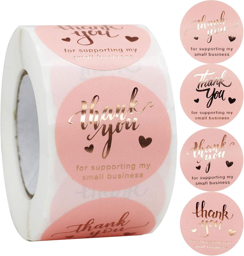 Thank You Stickers Roll, 500Pcs Pink & Gold, 1.5'' Diameter, Paper, for Small Bu