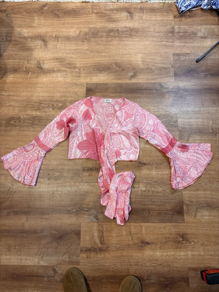 Silk Cropped Bell Sleeve Wrapped Top Women's Size Small Pink Farm Rio Inspired