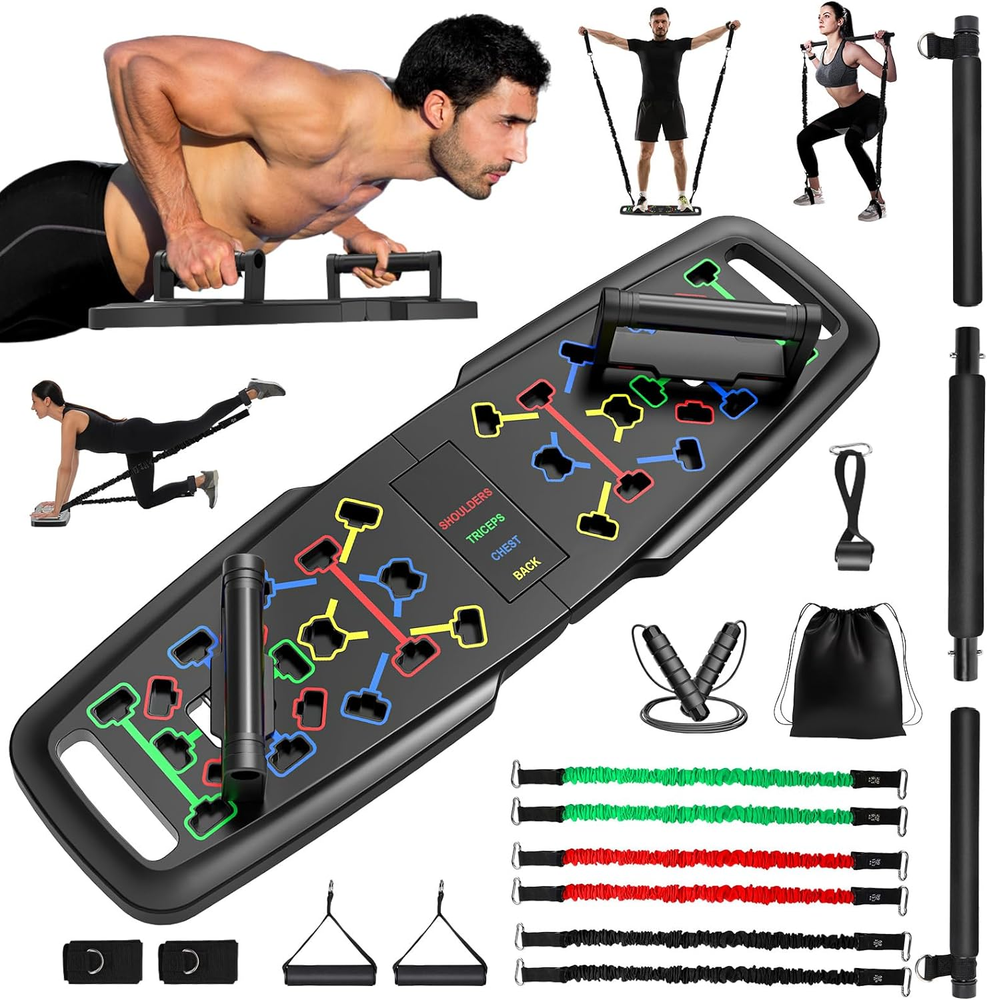 Portable Home Gym Set: Push Up Board, Pilates Bar & Resistance Bands