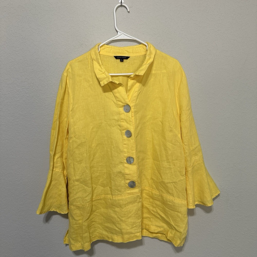 John Mark Yellow Button Front Tunic Top Womens Size Large 100% Linen Airy