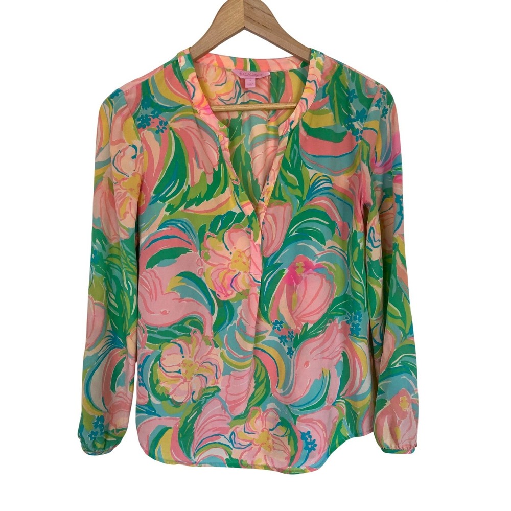 Lilly Pulitzer Elsa Top 100% Silk Floral Multi Color Long Sleeve Blouse Small