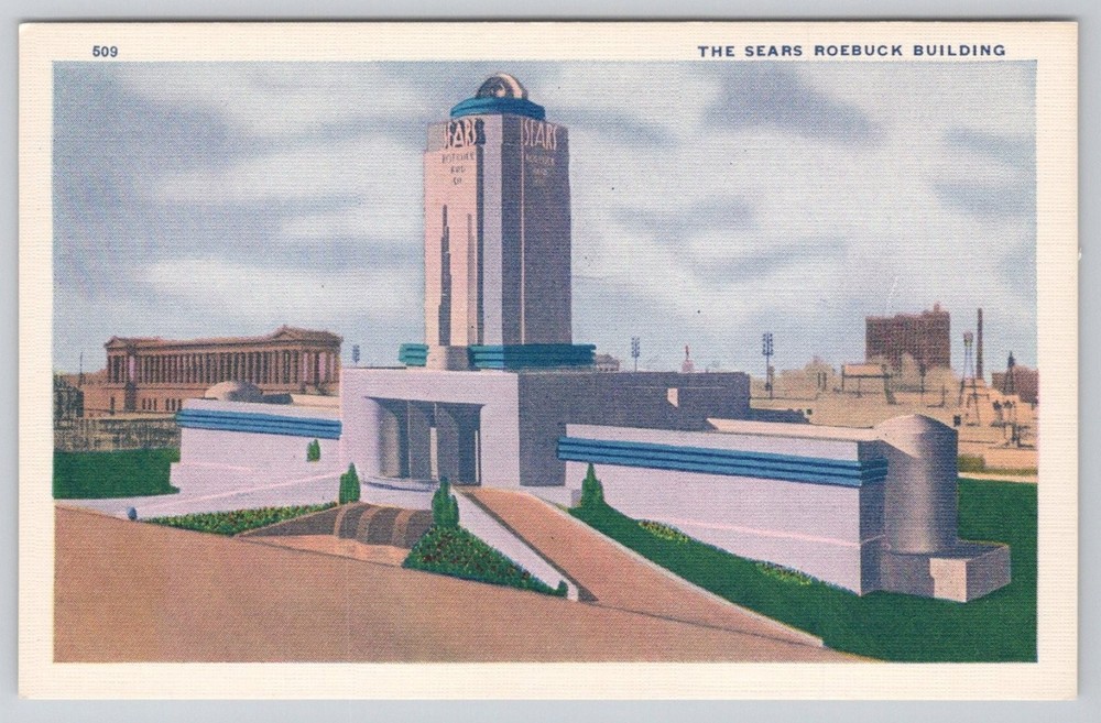 1933 Chicago World's Fair Sears Roebuck Building Art Deco Postcard