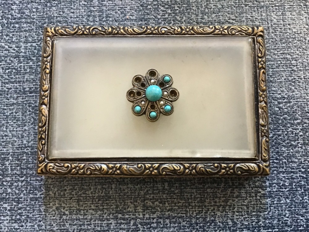 Antique white metal calling card case with brass finish and glass 2x3 inches