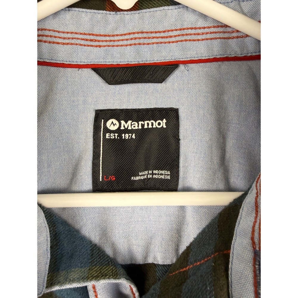 Marmot Mens Large Plaid Flannel Long Sleeve Button Down Shirt Blue Green Orange