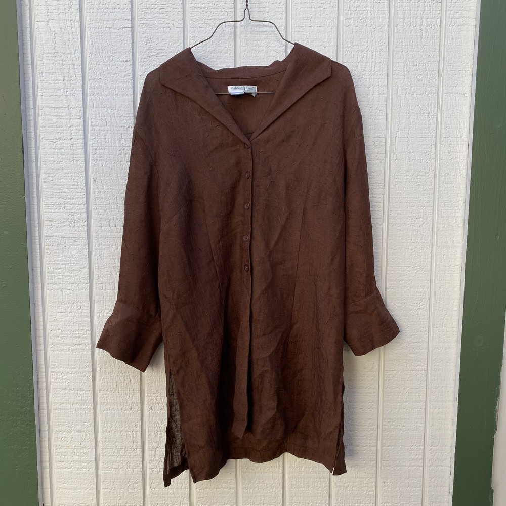 VTG 90s Coldwater Creek Large Brown Button Up Blouse Tunic Shirt Top Office Work