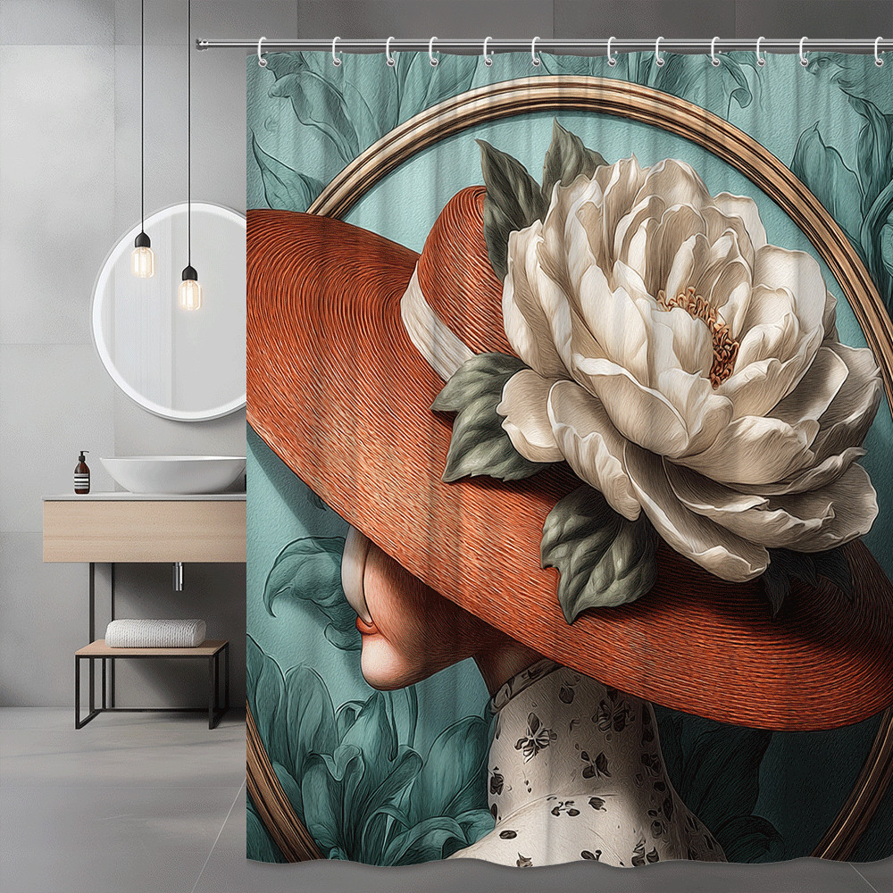 Floral Hat Portrait Shower Curtain Vintage Style Printed Design