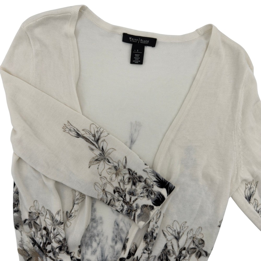 WHITE HOUSE BLACK MARKET Womens Cream Floral Tie Front Cardigan Sweater Size S