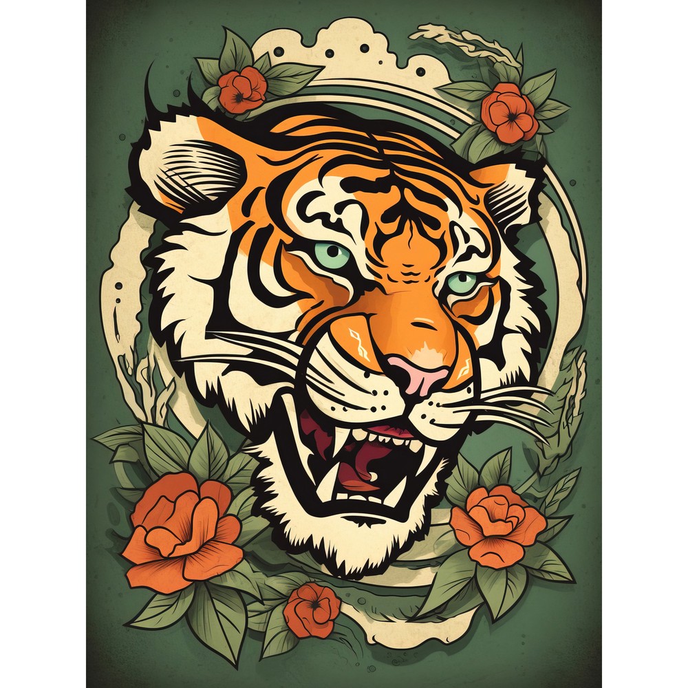 Floral Tiger Head Old School USA Tattoo Americana 50s Huge Wall Art Poster Giant