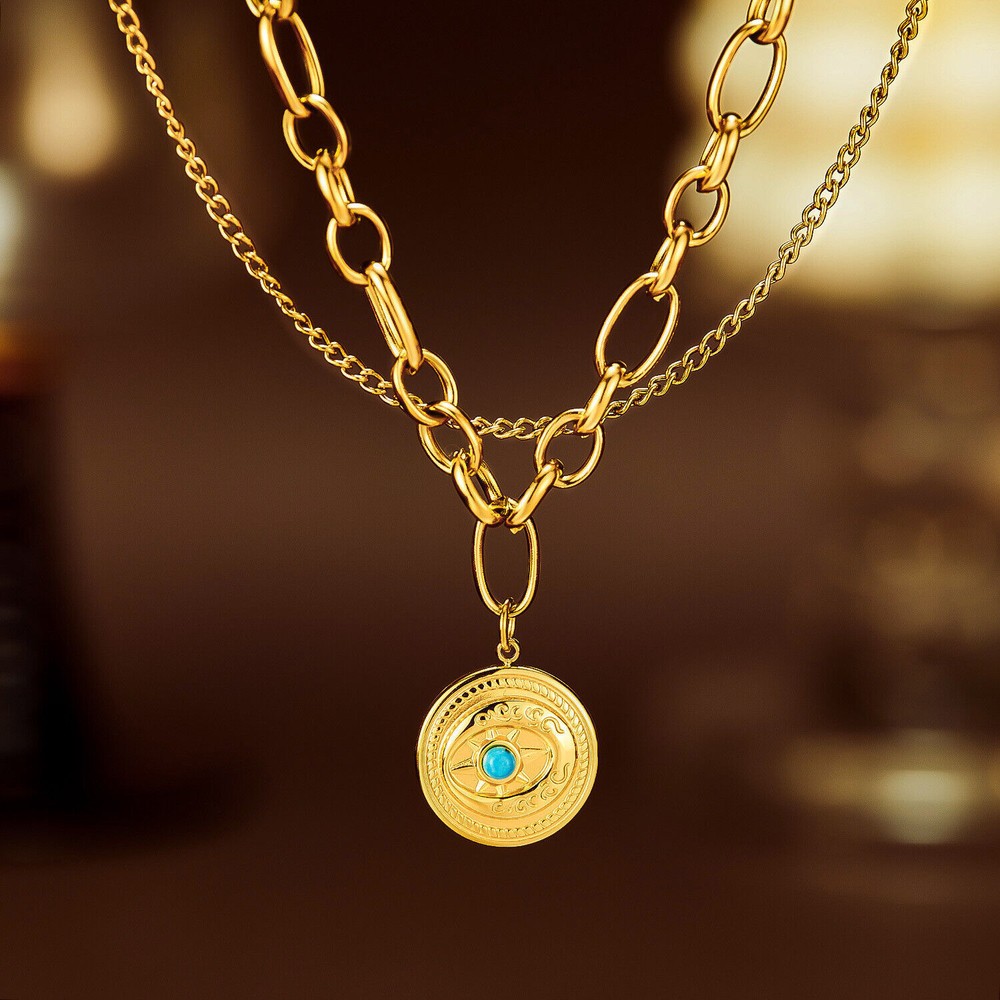 Women Gir Layered Necklace Gold Cion Pendant Dainty Choker Layering Link Gift