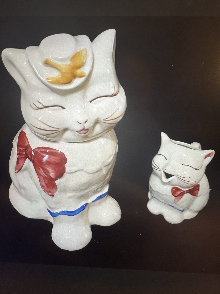 1940s VINTAGE SHAWNEE Puss N Boots Pottery Cookie Jar & Creamer