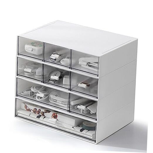 4 Pack Desk Organizer with 9 Drawers, 4 Tier Plastic Stackable Storage Drawers