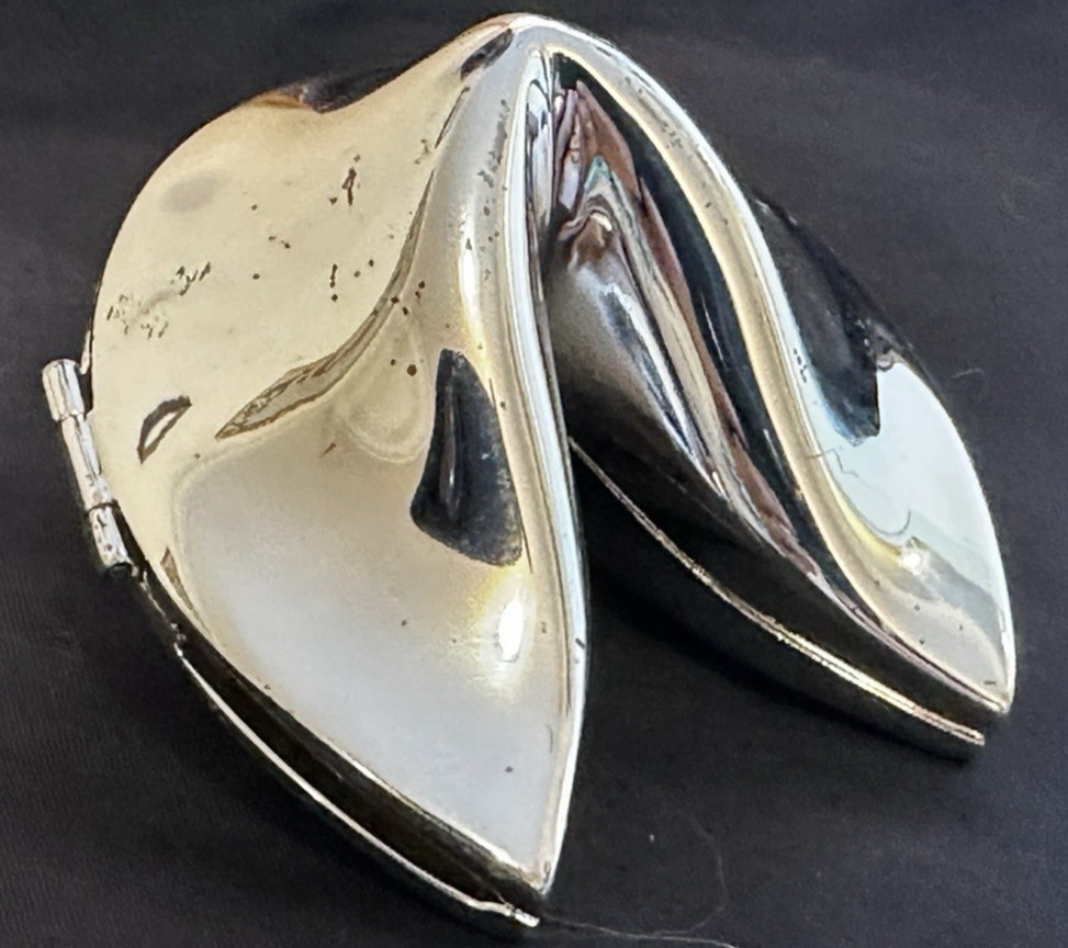 Chrome Chinese Fortune Cookie Silver Tone Trinket Box
