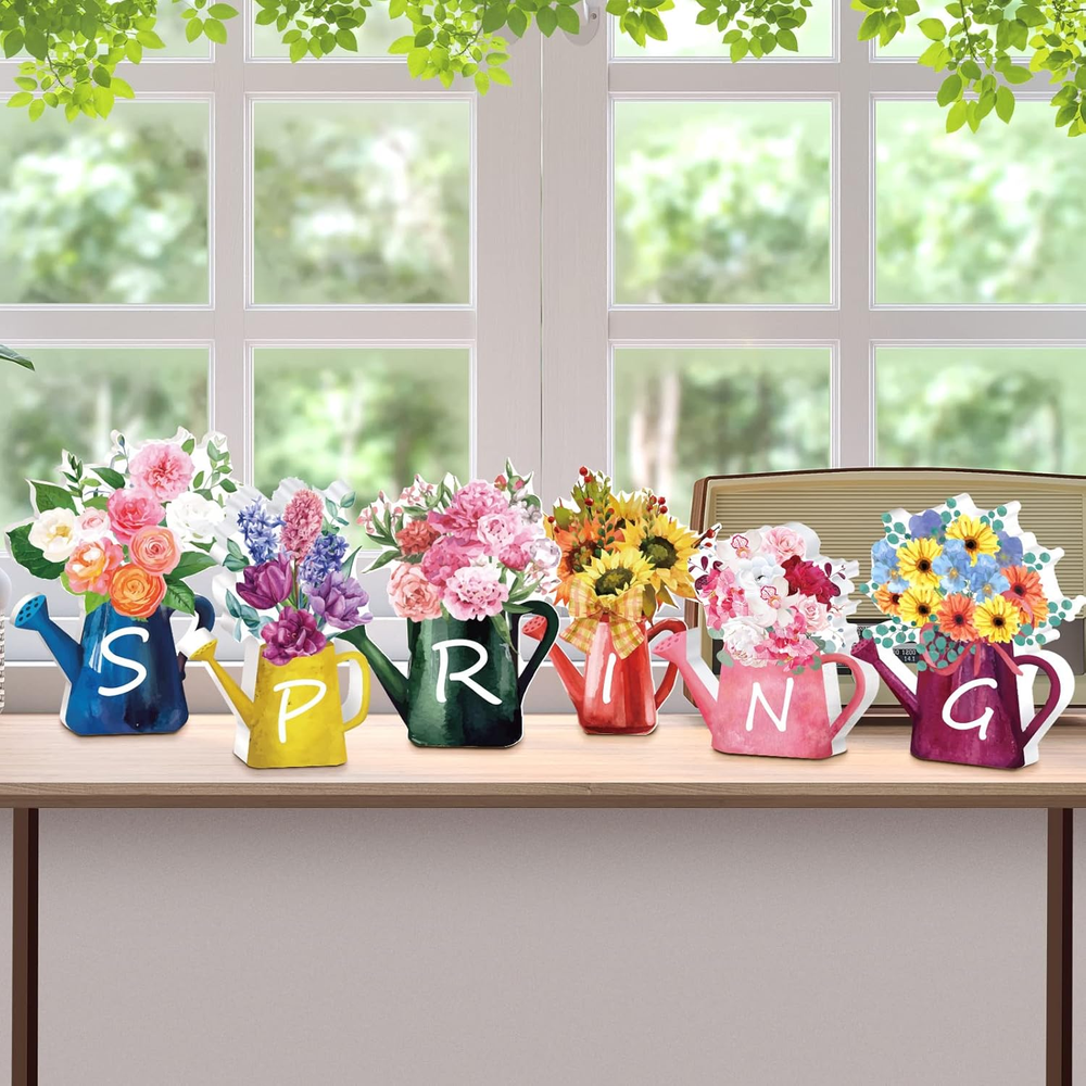 6 Pieces Spring Wood Block Signs Wooden Tabletop Spring Signs Spring Decor Flowe