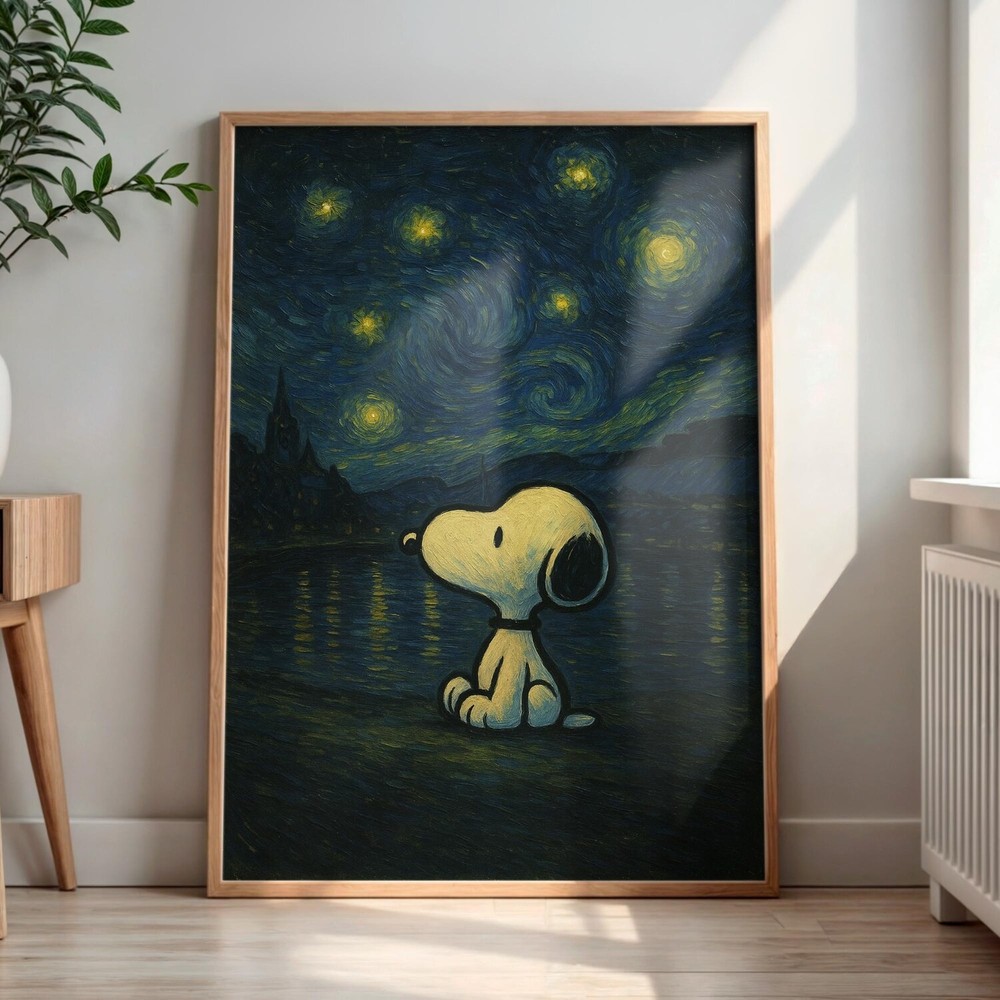 Snoopy Starry Night Poster Van Gogh Inspired Dog Wall Art Cozy Decor