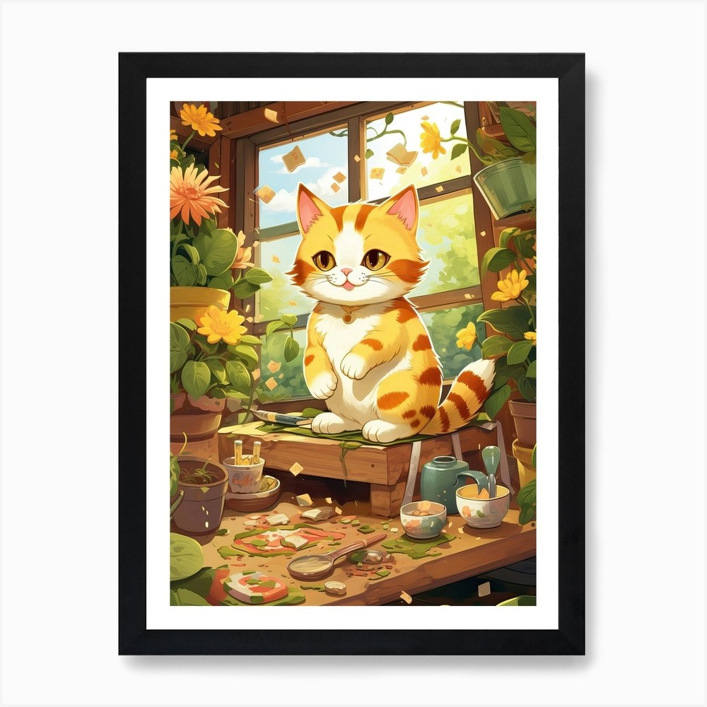 Kawaii Cat Drawings Gardening 3 Art Framed Wall Art Poster Canvas Print Picture