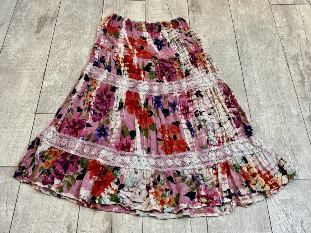 Angie Floral Tiered Crochet Boho Festival Maxi Skirt Size L Pink Gypsy Flowy