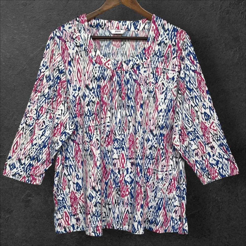 ALIA Women's 2X Multicolor Print 3/4 Sleeve V-Neck Pullover Top Blouse