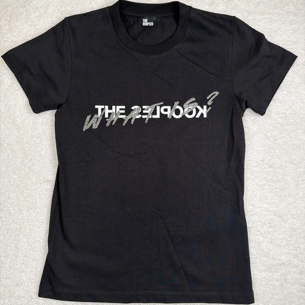 The Kooples Black Rhinestone Logo Tee Graphic Cotton T Shirt US 0 XS