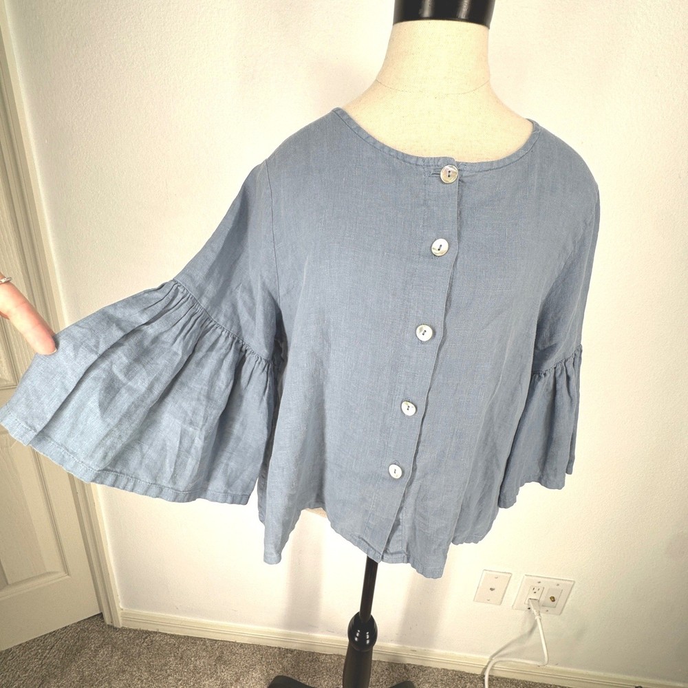 Bryn Walker Linen Bell Sleeve Button Top Lagenlook Oversized Ruffle Minimalist S