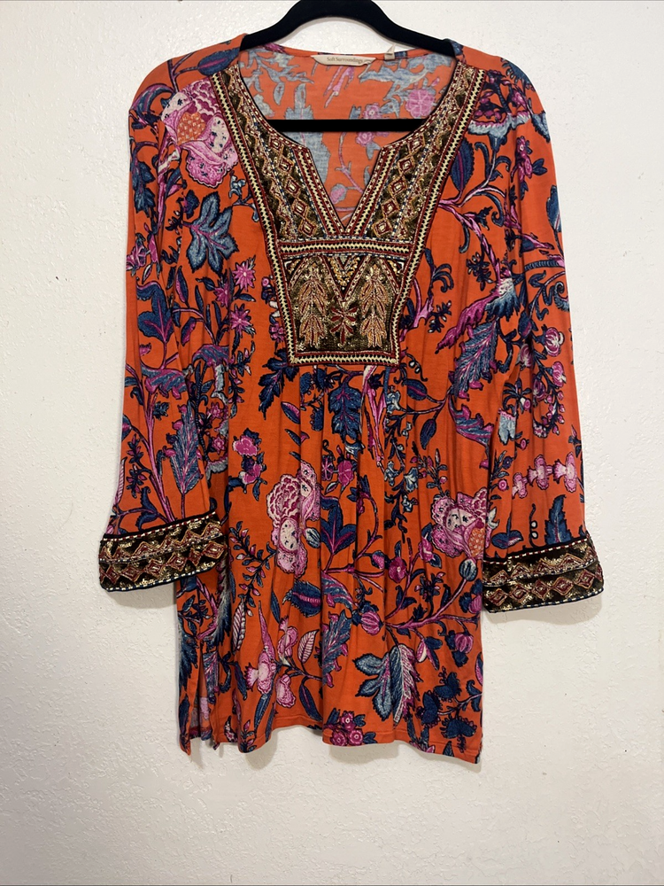 Soft Surroundings Samara  Floral Beaded Sequin  Sleeve Tunic Top large boho T13