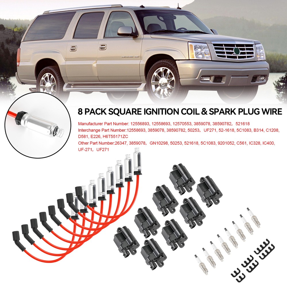 8 Pack Square Ignition Coil and Spark Plug Wire Set for Chevy GMC 4.8L 5.3L 6.0L 8.1L Engines