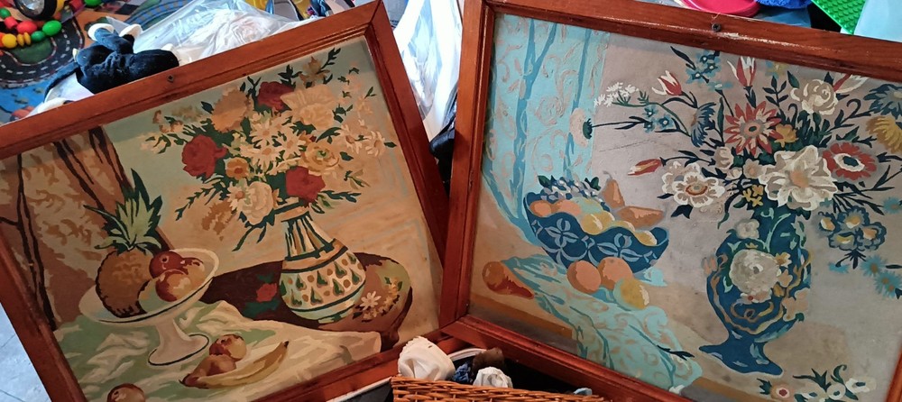 Vintage Paint by Number  Framed Set of 2 1960s  Flowers And Fruit Kitchen