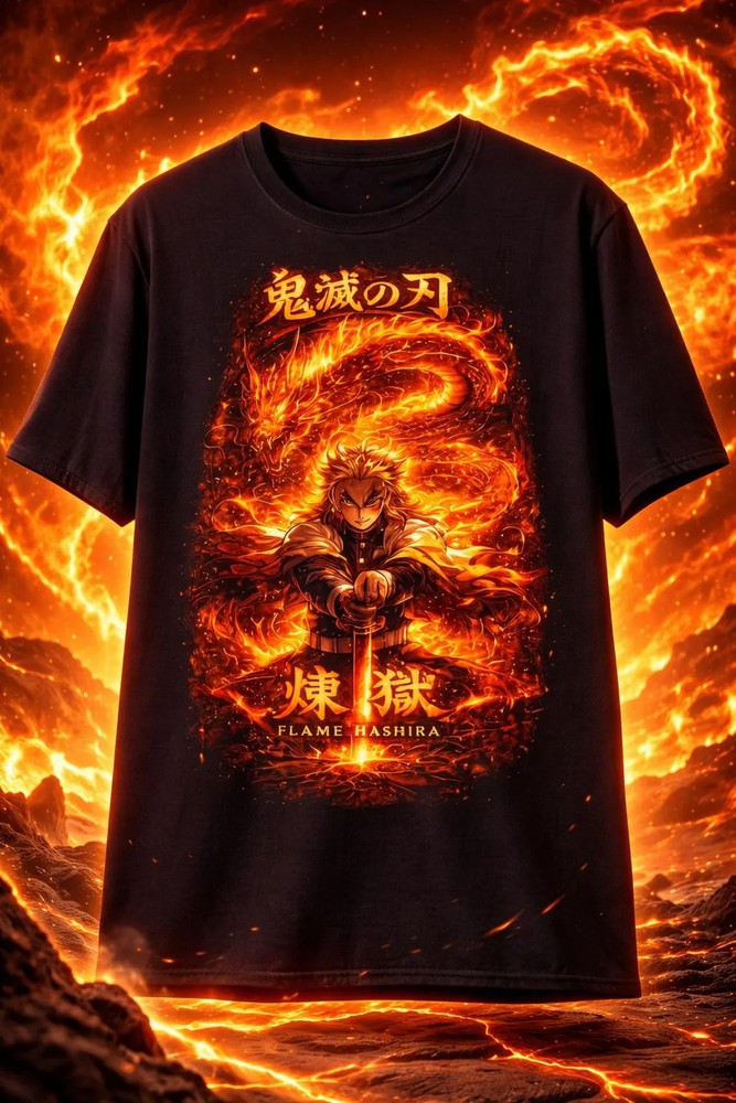 Rengoku Flame Hashira  Black Shirt, Anime Magic Knight Tee, Demon T-Shirt#4