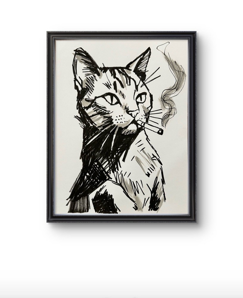 Original Abstract Smoking Cat Painting 9x12 paper Modern Wall Art Home Decor New