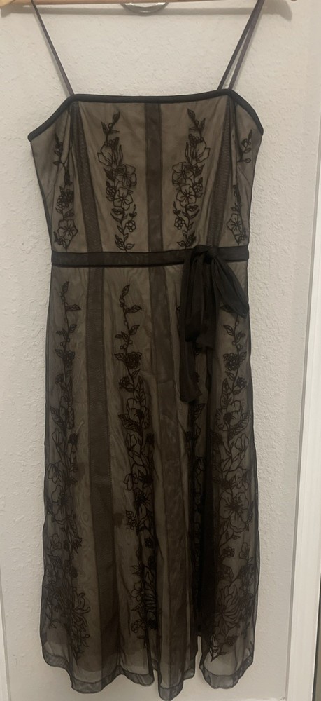 BCBG Max Azria Y2K Brown Floral Embroidered Tulle Midi Dress Size 8