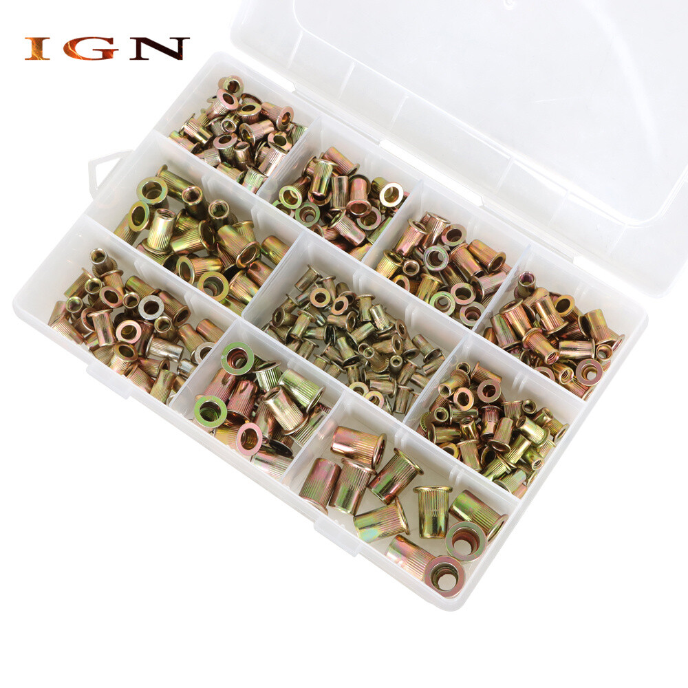 300 Pcs Zinc Steel Flat Head Threaded Insert Rivet Gun Nuts150 Metric + 150 SAE