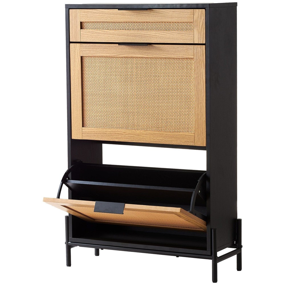 Rattan Shoe Cabinet, Narrow Shoe Storage Organizer with 2 Flip Rattan Drawers