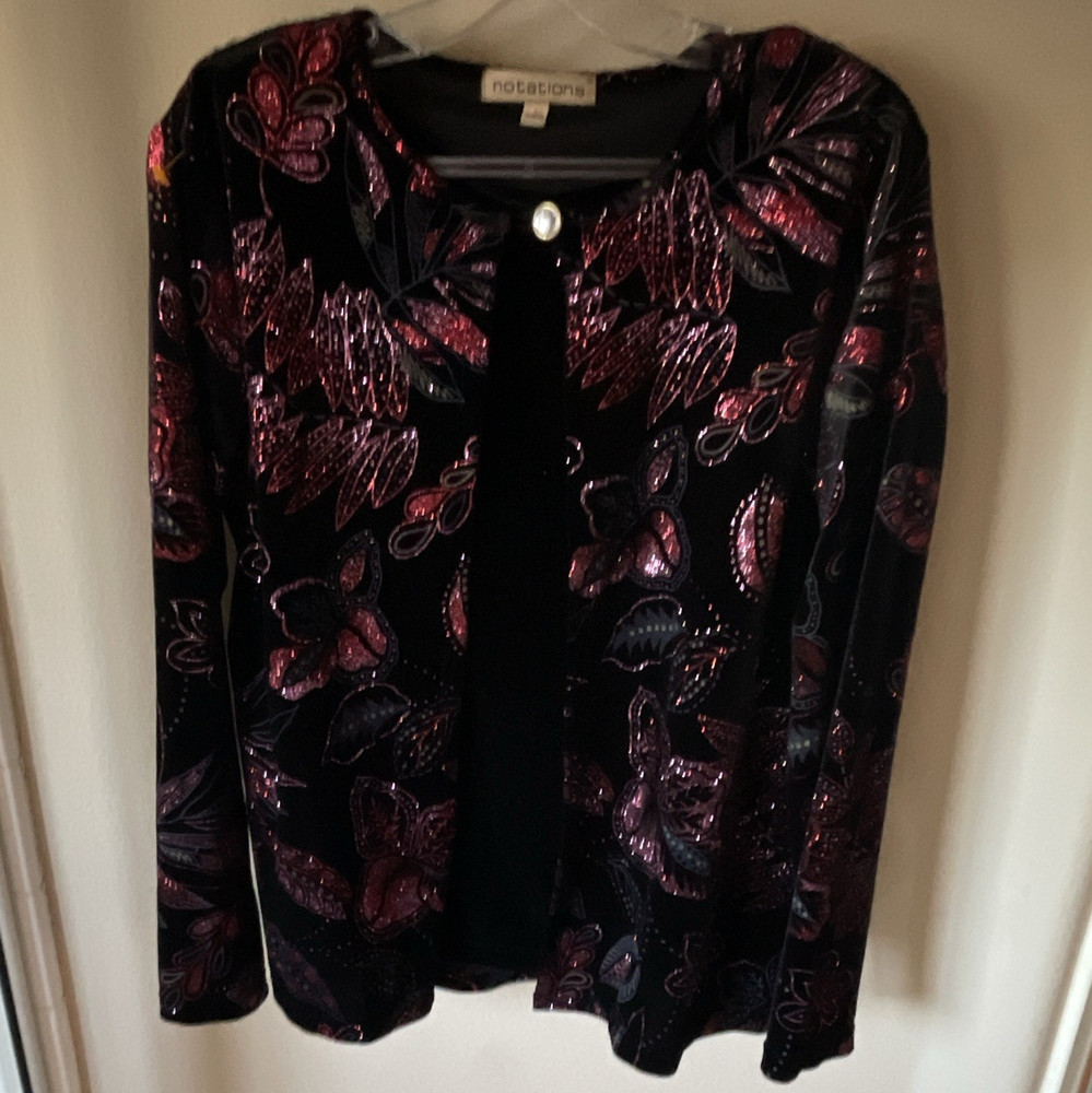Notations Women’s L Collared Button-Up Blouse Floral Long Sleeve Black/Purple