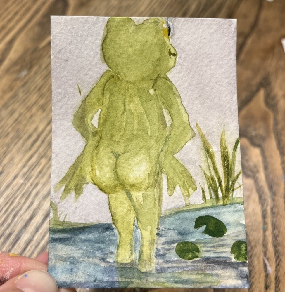 ACEO PRINT cheeked Frog Summer skinny dip in pond Watercolor Painting 3.5x2.5