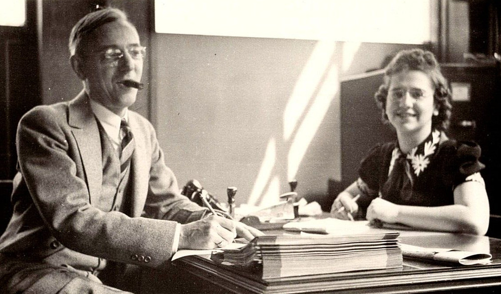 Vintage Photo Old Antique Picture Man Smoking Cigar Girl Lady Woman Office Desk