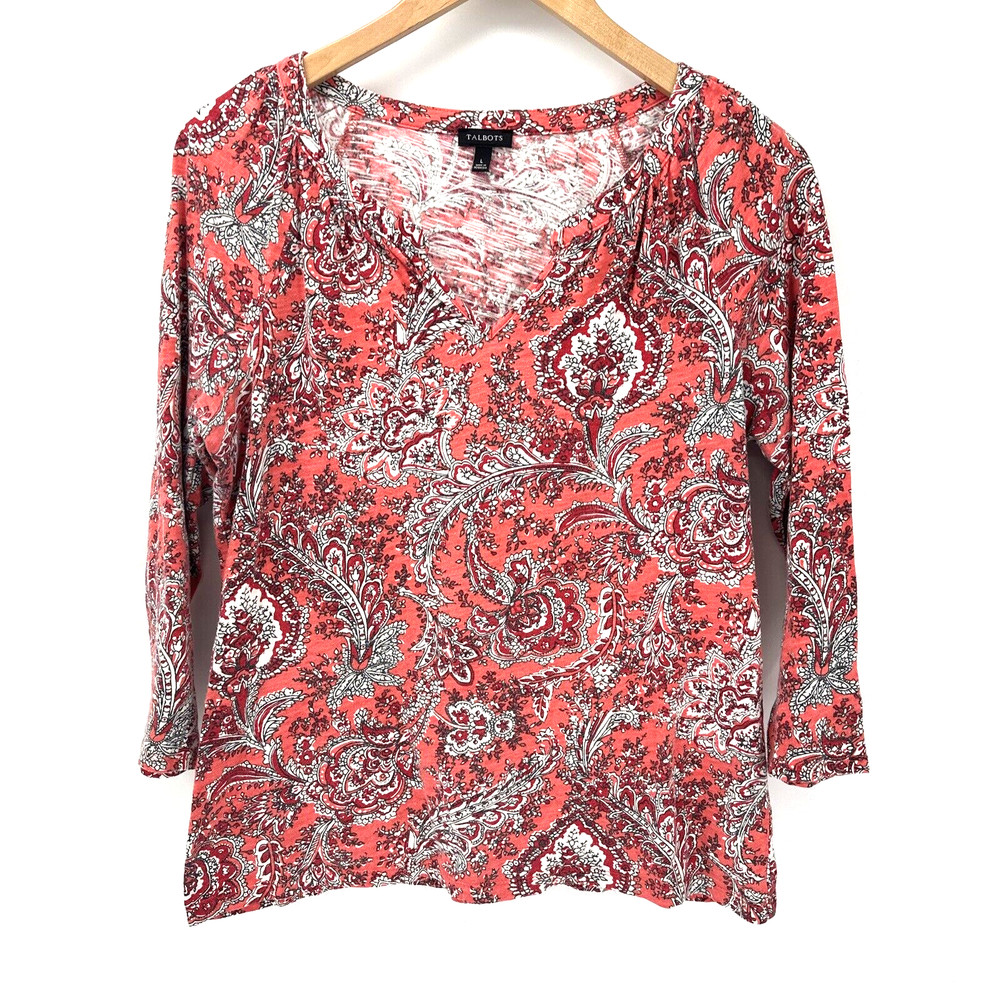 Talbots Blouse Womens Large Floral Paisley V-Neck 3/4 Sleeve Pink White Shirt