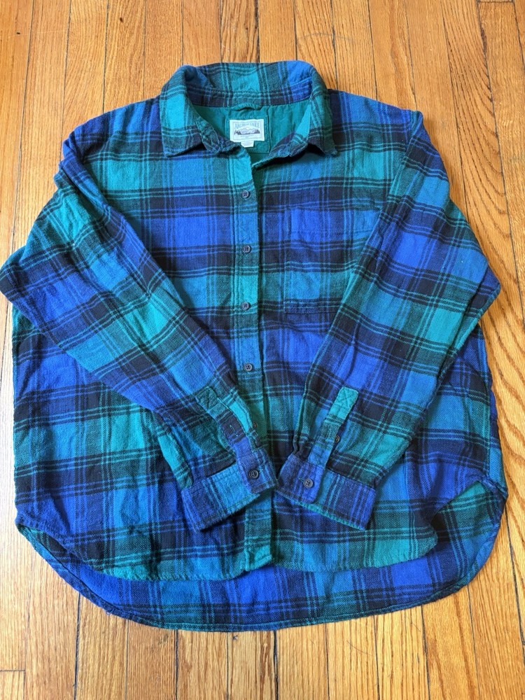 American Eagle Plaid Flannel Button-Up Shirt Blue Green Size L
