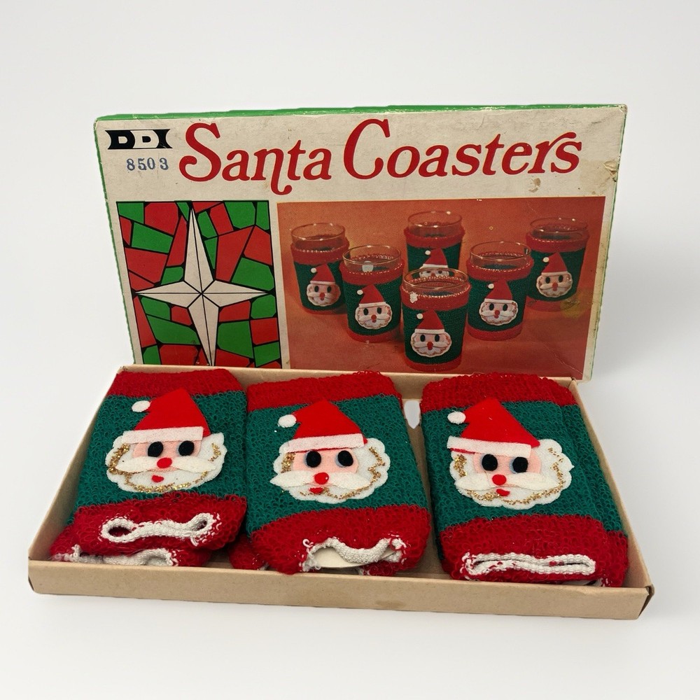 Vintage Retro Christmas Barware – Santa Glass Wraps / Drink Coasters – Orig Box