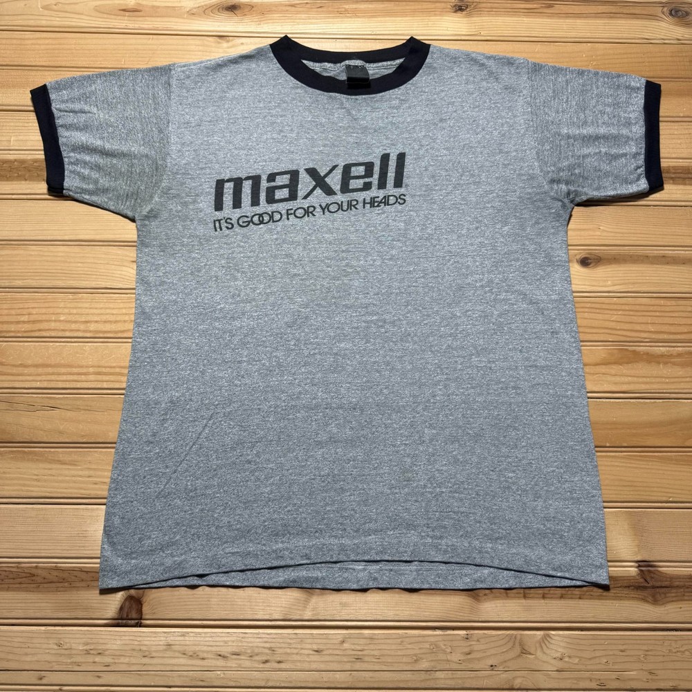 Vintage 80s Maxell It's Good For Your Heads Graphic Promo Ringer T-Shirt - Large