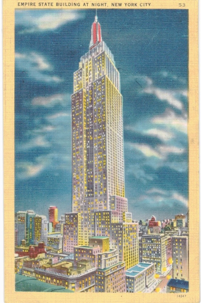 NYC Empire State Building Clouds At Night Yellow Linen 1950 New York City