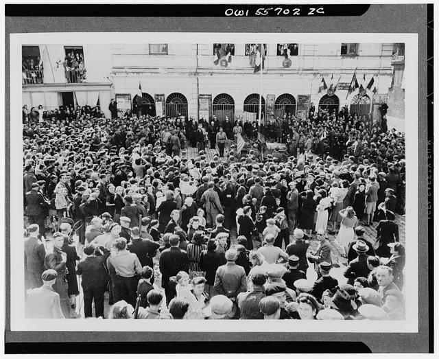 Photo:Crowd at Building Ceremony 1910s Men Women Flags Balcony
