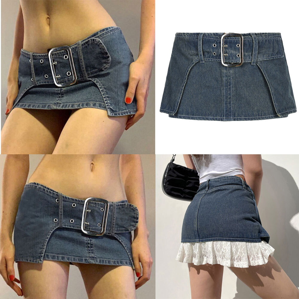 Women Summer Y2K Denim Skirt Belted Low Waist Micro Mini Skirt Aesthetic Clothes