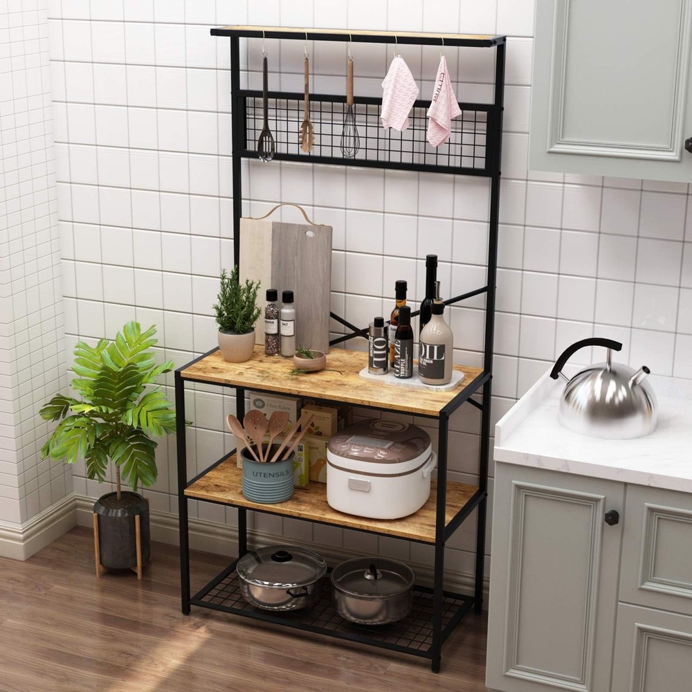 4-Tier Rustic Brown Kitchen Baker's Rack with Microwave Stand and Utility Shelves