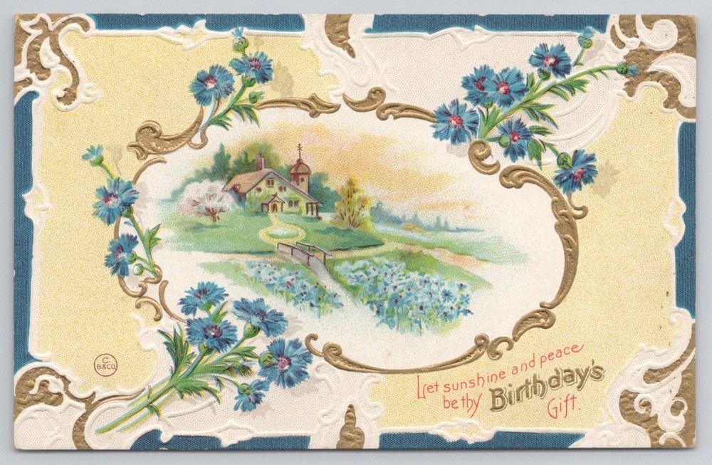 Vintage Embossed Birthday Postcard - House, Chapel, Blue Flowers, Flemington NJ