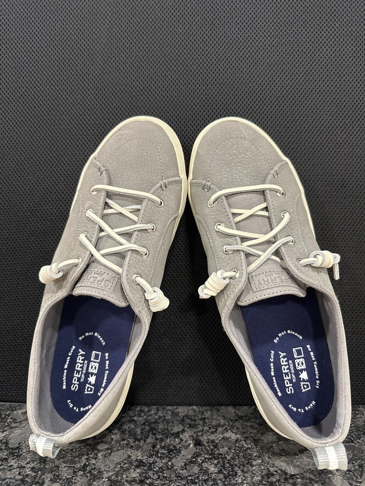 Sperry Mens Grey Canvas Boat Shoes with White Sole & Striped Pull Size 11