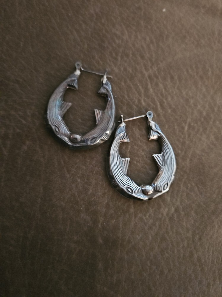 Vintage Dolphin Earrings 925 Sterling Silver Door Knocker 80s Bamboo Hoop Chunky