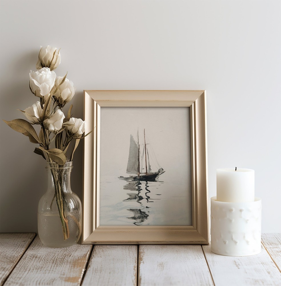 Sailboat Painting Wall Art Vintage Coastal Decor Antique Sea Print Muted White