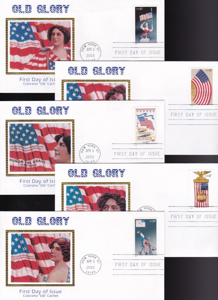 Old Glory #3776-80 Us First Day Cover 2003, Colorano Silk Cachet Fdc