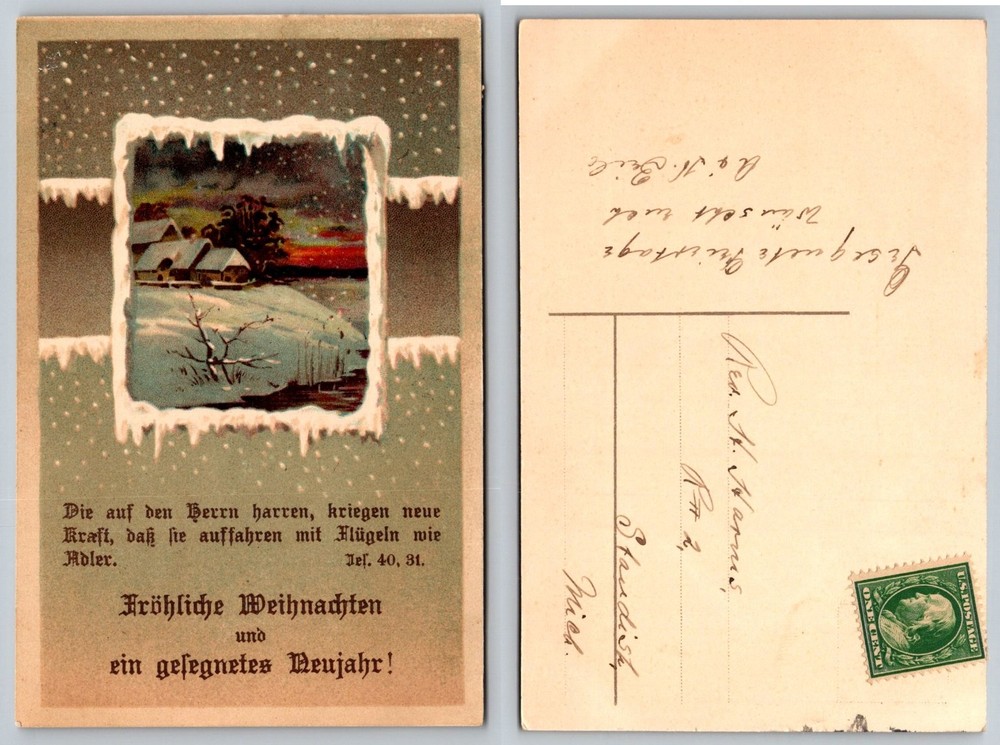 Vintage German Christmas New Year Postcard Winter Scene Bible Verse Posted 1910s