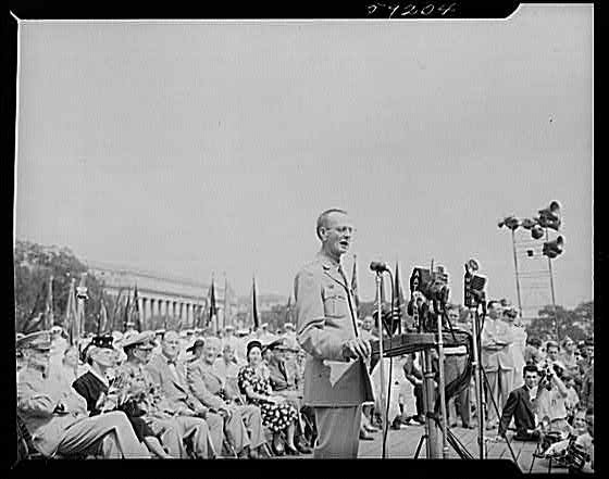 Washington DC 1940s General speaking to crowd Lincoln Memorial ceremony