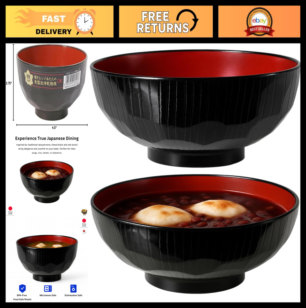 2-Pack Japanese Miso & Rice Soup Bowls, Microwave & Dishwasher Safe, Black/Red